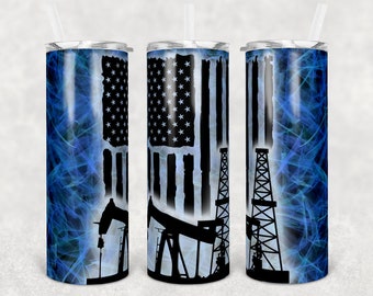 20 oz Skinny Tumbler Oilfield Oil Rig Blue Smoke Background Flag Sublimation Design Digital Download PNG Instant DIGITAL ONLY