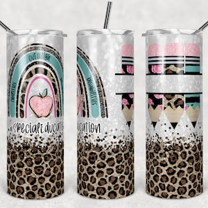 20 oz Skinny Tumbler Rainbow Leopard Glitter Teacher Special Education Tumbler Pencil Monogram Sublimation Design PNG Instant DIGITAL ONLY