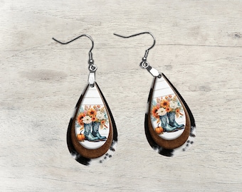 Tear Drop Earrings Sublimation Designs fit Aparecium Design Co Blanks PNG Instant DIGITAL Faux Layered cowboy boots Floral Fall Design