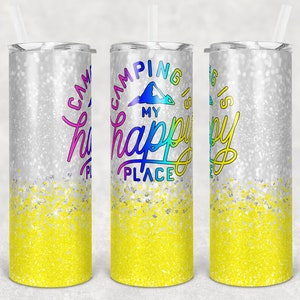 20 oz Skinny Tumbler Sublimation Design Template Ombre Yellow Bright Camping is my Happy Place Glitter Download PNG Instant DIGITAL ONLY