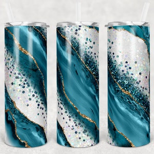 20 oz Skinny Tumbler Sublimation Template Agate Milky Way Teal Gold Straight and Warped Design Digital Download PNG tumblers Tamara