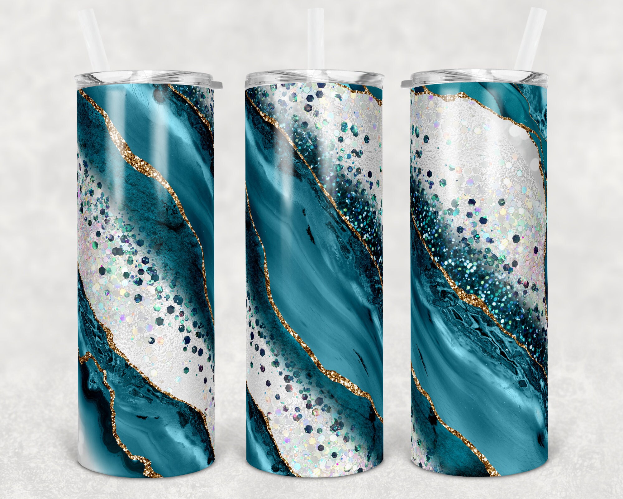 20 Oz Skinny Tumbler Sublimation Template Agate Milky Way Teal Gold ...