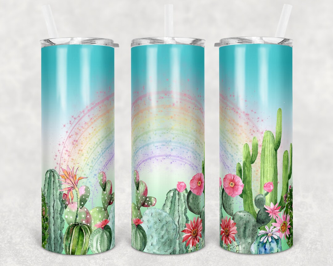 20 Oz Skinny Tumbler Sublimation Soft Pastel Cactus and Rainbow ...