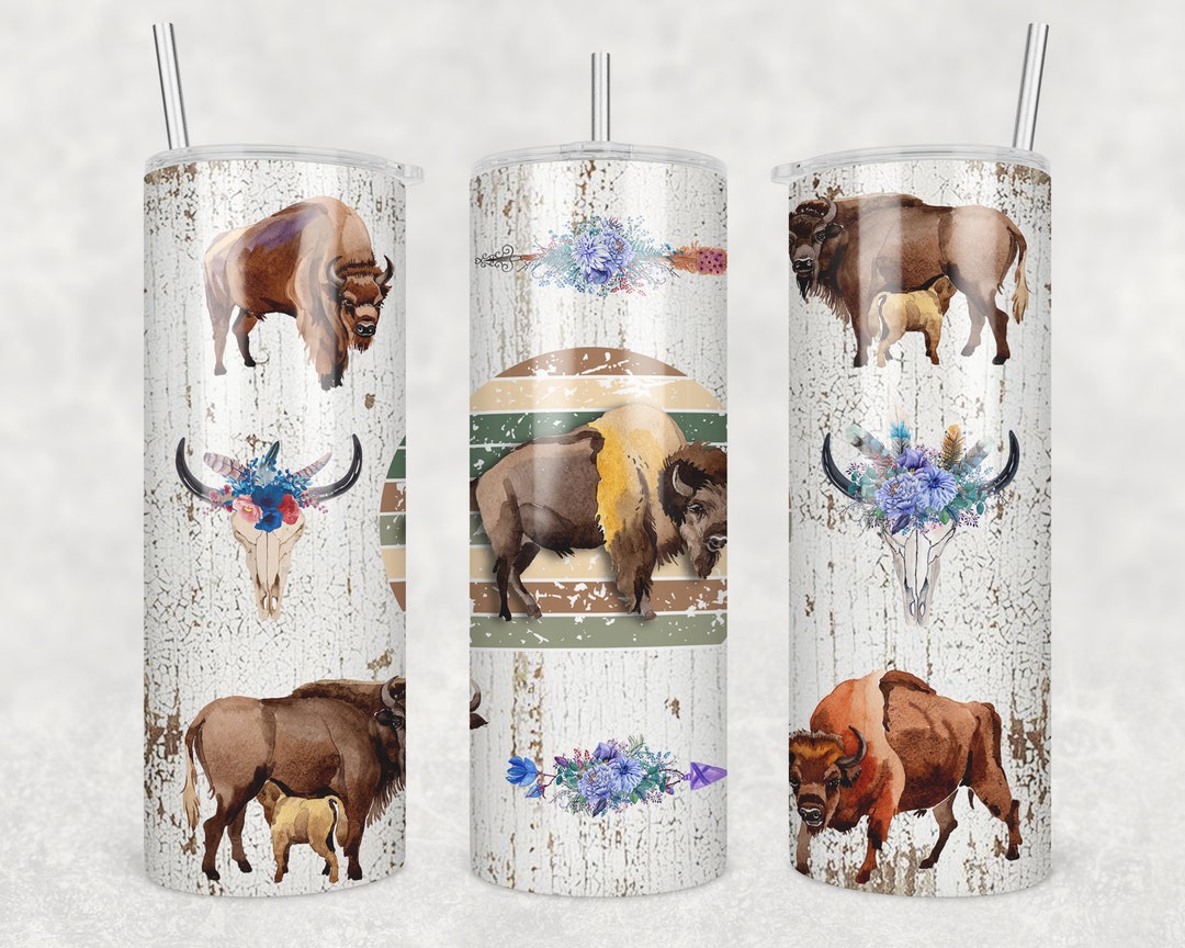 20 Oz Skinny Tumbler Buffalo Weathered Wood Bison Sublimation Design