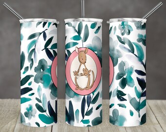 20 oz Skinny Tumbler Sublimation Teal Watercolor Leaf and Pink Kangaroo Design Digital Download PNG Instant DIGITAL Only tumblers