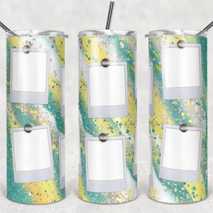 20 oz Skinny Tumbler Pink Milky way with photo Frames Yellow and Teal Sublimation Design  Digital Download PNG DIGITAL ONLY