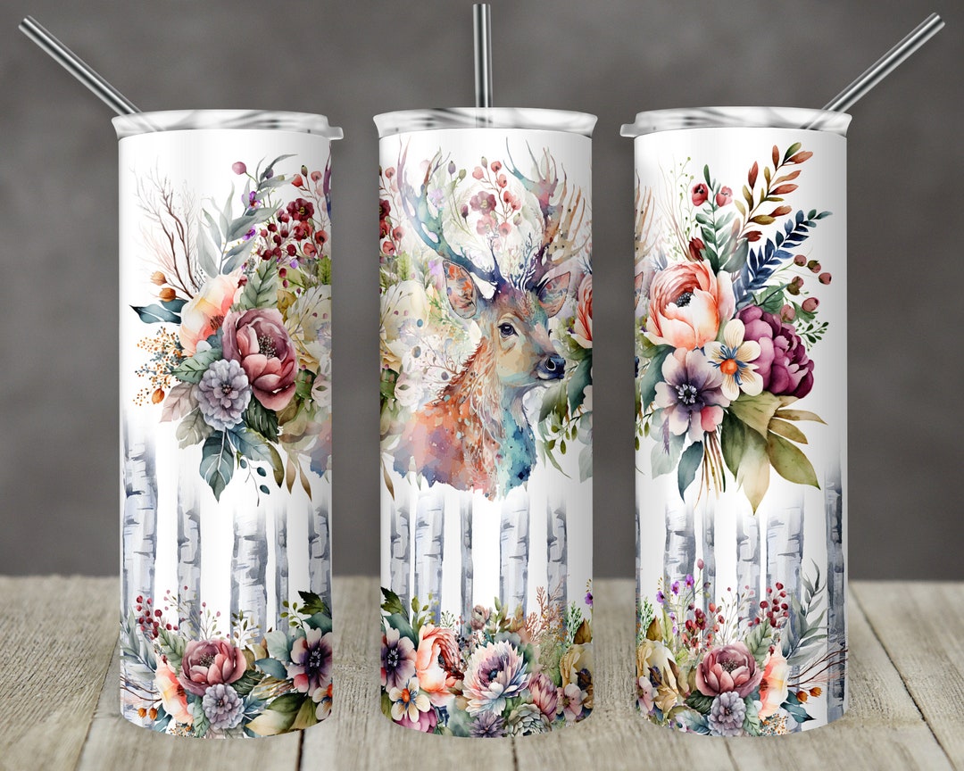 20 Oz Skinny Tumbler Woodland Floral Deer Tumbler Pretty Forest ...