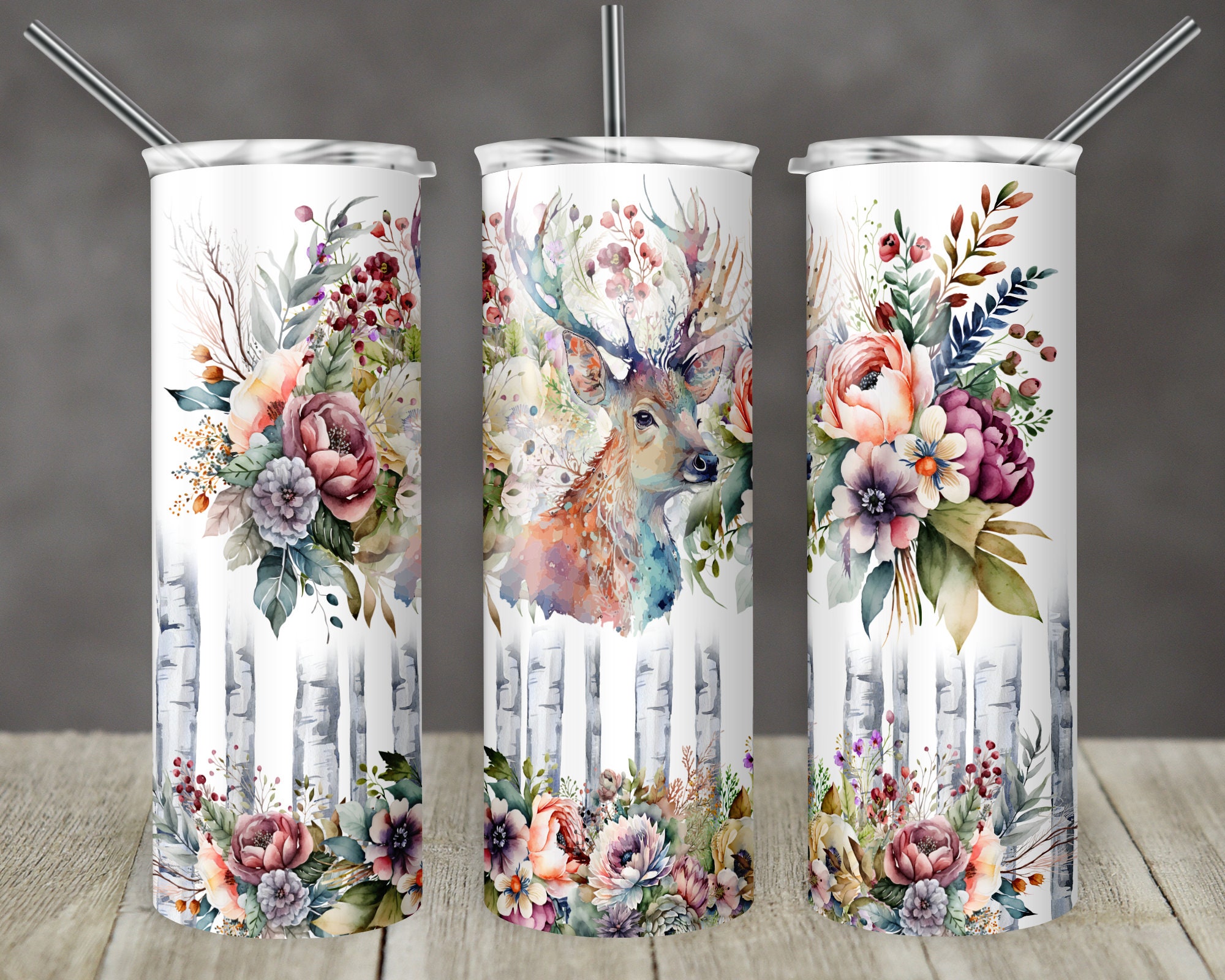 20 Oz Skinny Tumbler Woodland Floral Deer Tumbler Pretty Forest ...
