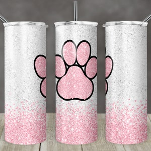 20 oz Skinny Tumbler Sublimation Template Pink Glitter Paw Straight and Warped Design Digital Download PNG tumblers