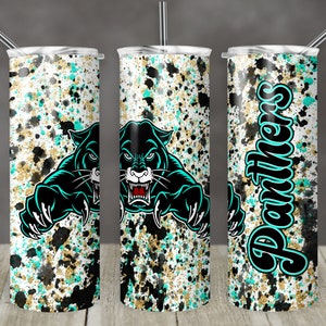 Modello di design a sublimazione Skinny Tumbler da 20 once Panthers Turquois Gold Black Power Wash Aggiungi nome Design dritto Digital Download PNG