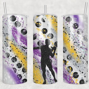 May include: Three stainless steel tumblers with a white background and a design of black circles, purple and gold glitter, and a silhouette of a person playing basketball.