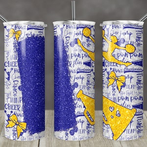 20 oz Skinny Tumbler Cheer Blank for Name Glitter Yellow Blue Sublimation Design  Digital Download PNG Instant DIGITAL ONLY