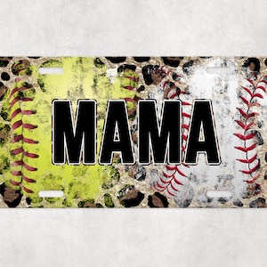 May include: A license plate featuring a leopard print background with two softball designs and the word "MAMA" in black letters.