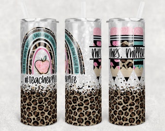 20 oz Skinny Tumbler Rainbow Leopard Glitter Teacher Tumbler Pencil Monogram Teacher Life Sublimation Design PNG Instant DIGITAL ONLY