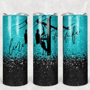 20 oz Skinny Tumbler Sublimation Design Template Teal Glitter Line Wife Lineman Design Digital Download PNG Instant DIGITAL Only