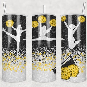 20 oz Skinny Tumbler Cheer Black Yellow White Glitter Sublimation Design  Digital Download PNG Instant DIGITAL ONLY rts tumblers Tamara
