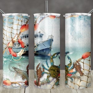 May include: A watercolour-style design featuring a fishing boat, a crab, a shrimp, and a life preserver. The design is set against a background of blue water and a fishing net.