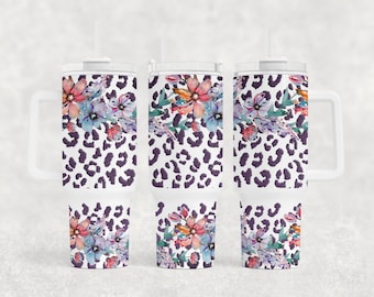 Pretty Purple Floral y Leopard spots design 40 oz 2 piezas Tumbler Sublimation Template Descarga digital PNG leopard