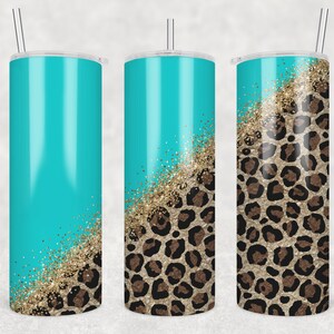 20 oz Skinny Tumbler Sublimation Design Template Glitter Gold Ocean Blue Diagonal Leopard Straight Design Digital Download PNG
