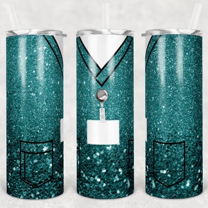 May include: Three teal glitter tumbler cups with a black outline of a medical scrub top, a name tag, and a stethoscope. The cups are perfect for nurses, doctors, or anyone in the medical field.