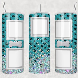 20 oz Skinny Tumbler Two Dog Tags Picture Frame Teal Blue Holographic Faux Glitter photos Sublimation Design PNG Instant DIGITAL ONLY
