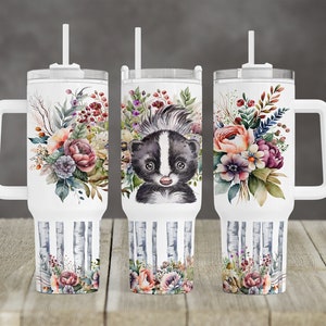 Pretty Floral Woodland Skunk Pattern design 40 oz 2 piezas Tumbler Sublimation Template Descarga digital PNG Pretty Forest Woodland
