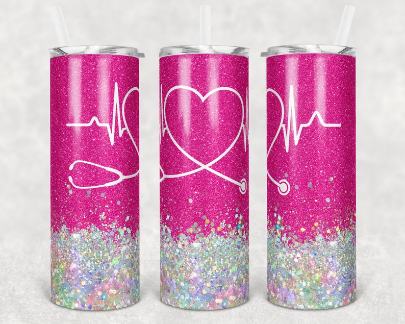 20 Oz Skinny Tumbler Sublimation Design Template Glitter Nurse Hot Pink ...