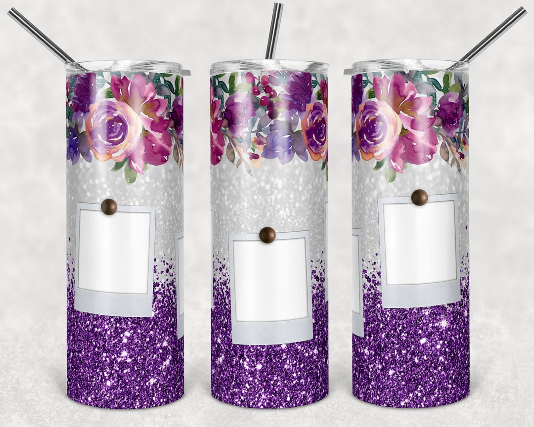 20 Oz Skinny Tumbler Sublimation Design Template Floral Purple Glitter ...