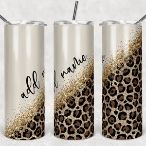 20 oz Skinny Tumbler Sublimation Design Template Glitter Gold tan Diagonal Leopard Straight personalize w Name Design Digital Download PNG