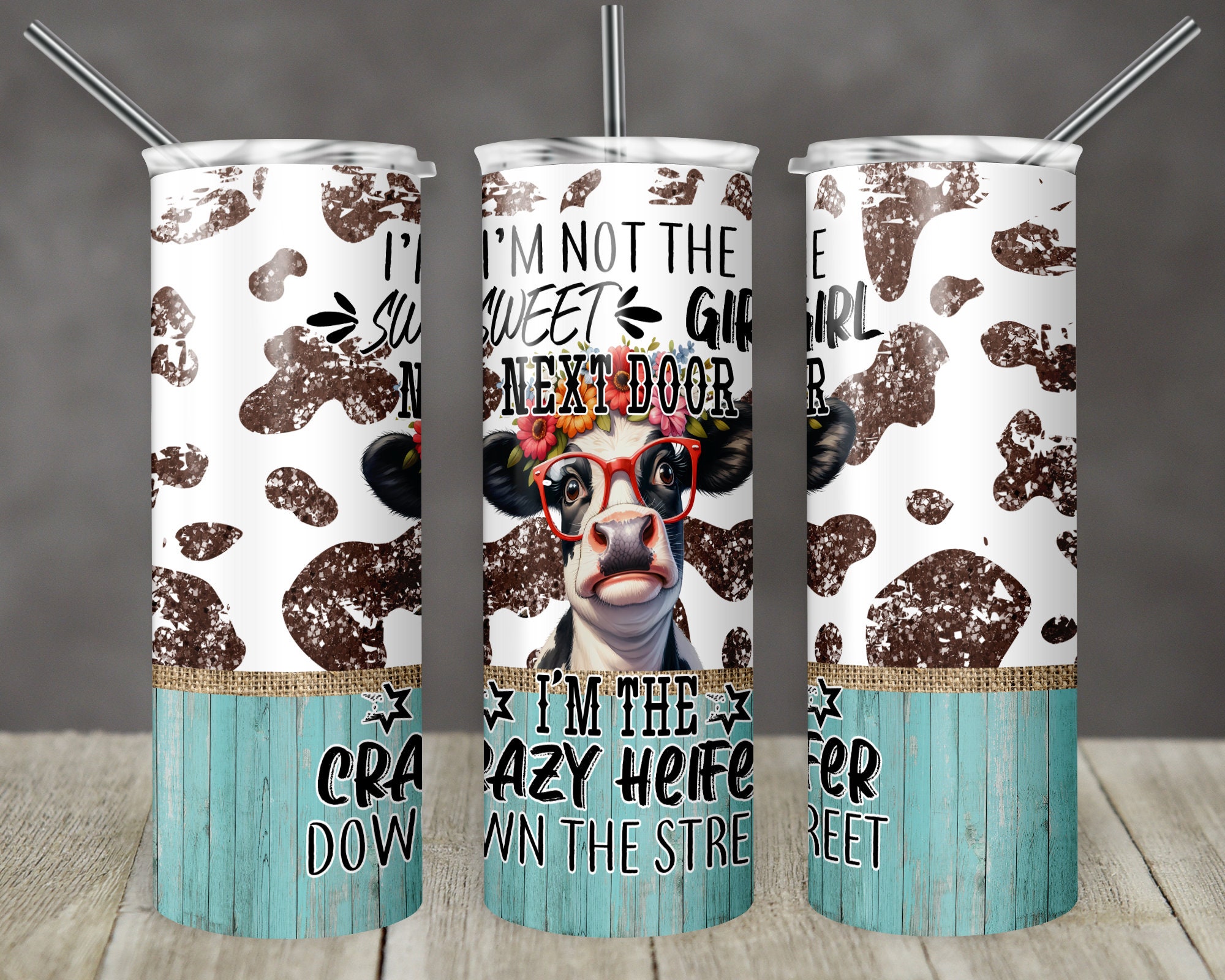 20 Oz Skinny Tumbler Sublimation Crazy Cow Neighbor Down Street