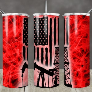 May include: Three stainless steel tumblers with a red, white, and blue American flag design. The flag is in the center of the tumbler and is surrounded by a red and black oil rig design. The tumblers are all the same size and have a straw.