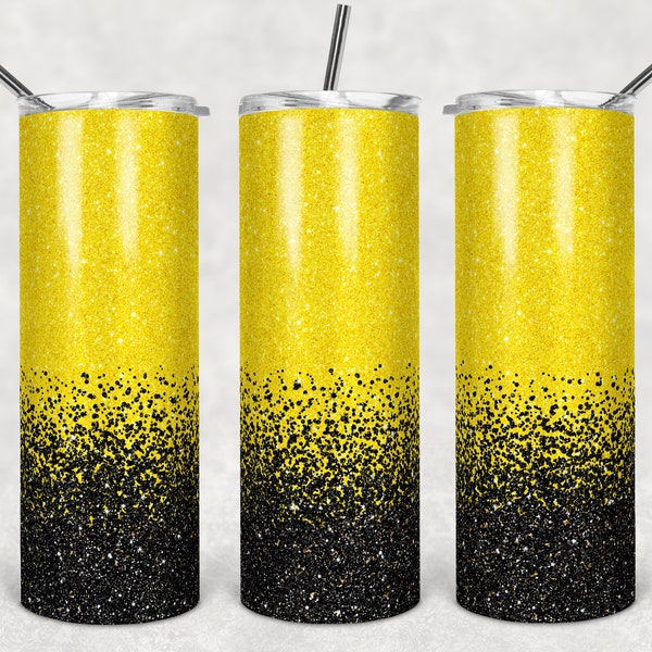 20 oz Skinny Tumbler Sublimation Design Template Glitter Bright Yellow Black Background Straight Design Digital Download PNG