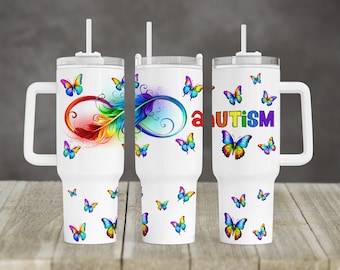 Gradient Autism Rainbow Infinity Top Bottom Butterfly design 40 oz 2 piece Tumbler Sublimation Template Digital Download PNG Awareness