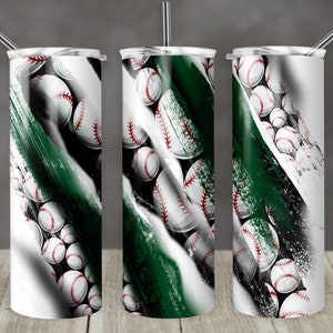 May include: A set of three baseball-themed tumblers. Each tumbler features a white background with scattered baseballs and a green brushstroke design. The tumblers have silver straws and lids.