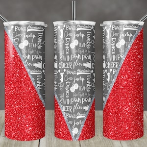 20 oz Skinny Tumbler Cheer Red Gray Glitter Cheer Cheerleading Sublimation Design Digital Download PNG Instant DIGITAL ONLY