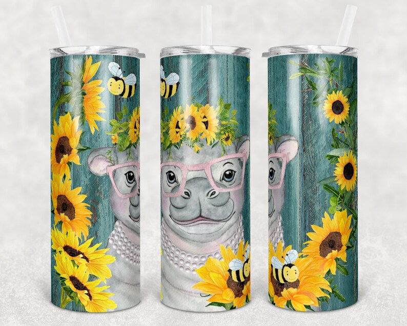 20 Oz Skinny Tumbler Teal Wood Sunflower Hippo and Bees Etsy