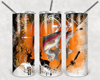 May include: A stainless steel tumbler with a camouflage, orange, and white design. The design features a fish, a bow and arrow, and a deer.