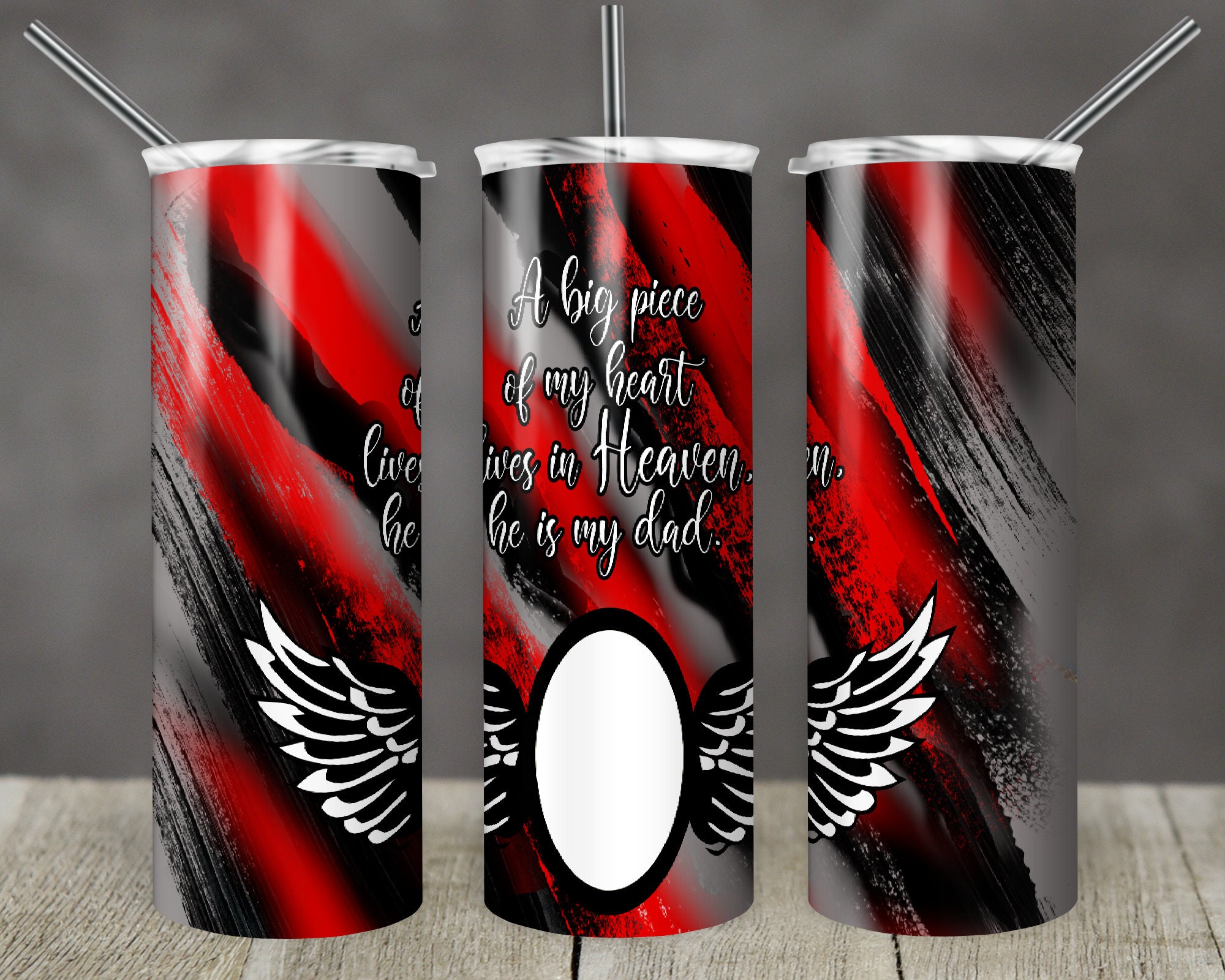 20 oz Skinny Tumbler Memorial  Red Black Gray Milky way with photo Frame Wings Quote Sublimation Design Digital Download PNG DIGITAL