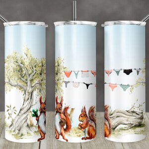 May include: Three stainless steel tumblers with a watercolor design of squirrels and a clothesline with underwear hanging on it. The tumblers are white with a light blue background.