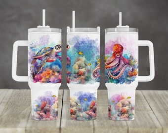 Water color seal life ocean Turtle design 40 oz 2 piece Tumbler Sublimation Template Digital Download PNG Beautiful under the sea AI clipart