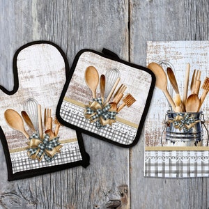 Sublimation Kitchen Set Designs towel oven mitt and pot holder design Digital Download 3 Design Bundle Farmhouse Plaid Bow PNG DIGITAL ONLY