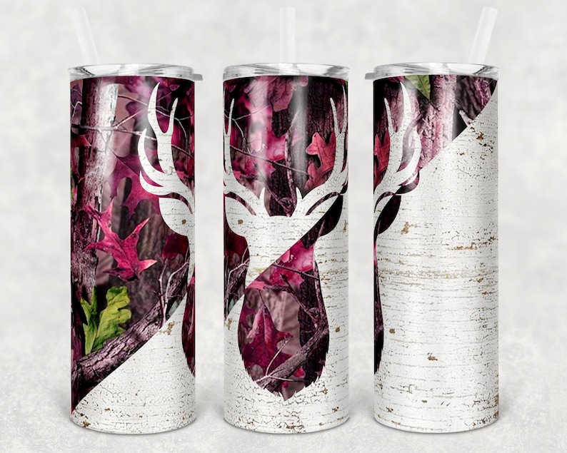 20 Oz Skinny Tumbler Camp Deer Pink Camo and Wood Sublimation Design ...
