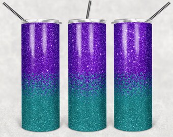 20 oz smal tumbler sublimeringsdesignmall glitter ombre blågrön och lila rak warped design digital nedladdning PNG tumblers Tamara