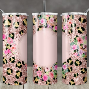 20 oz Skinny Tumbler Sublimation Design Template Rose Gold Leopard Glitter Floral Space for name Design Download PNG Inst DIGITAL Only