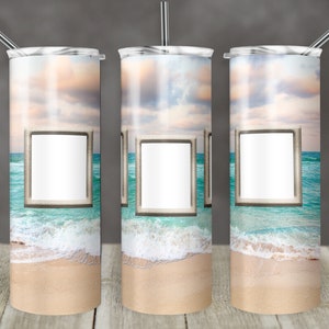 20 oz Skinny Tumbler  Picture Frame Beach Scene 3 Photo Background Sublimation Design PNG Instant DIGITAL ONLY Ocean Beach photos