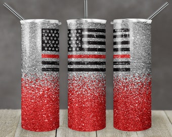 20 oz Skinny Tumbler Sublimation Design Template Glitter Red Line Fire Flag Fireman distressed Straight Design Digital Download PNG