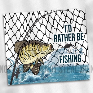 May include: A white background with a black fishing net and a black fishing rod. A yellow and brown fish jumps out of the water. The text "I'd rather be fishing" is in black letters.