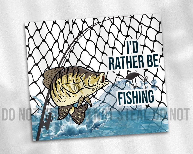 May include: A white background with a black fishing net and a black fishing rod. A yellow and brown fish jumps out of the water. The text "I'd rather be fishing" is in black letters.