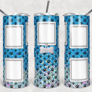 20 oz Skinny Tumbler Dog 5 Picture Frame Blue Holographic Faux Glitter Tumbler photos Sublimation Design PNG Instant DIGITAL ONLY