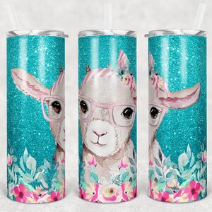 May include: Three turquoise glitter stainless steel tumblers with a floral design and a cute cartoon goat wearing pink glasses and a floral headband.